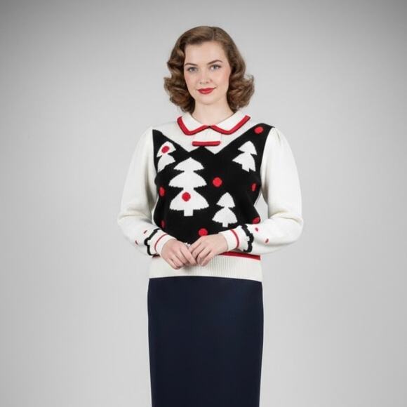 Vtg Lanz Originals Holiday Intarsia Knit Sweater M Peter Pan Collar Trees Folk - Picture 7 of 9